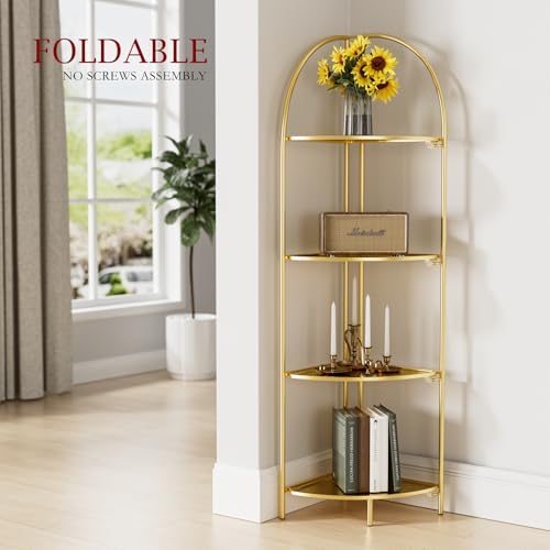 Crofy Foldable 4 Tier Corner Shelf with Gold Frame