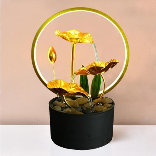 White Metal Lotus Tabletop Fountain with Light Ring