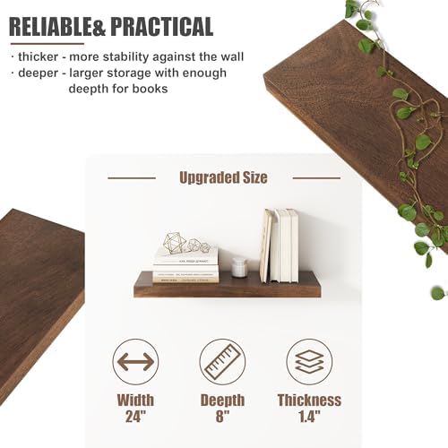 FLYJOE Floating Shelves Set of 2 24 Inch Walnut Wood Wall Mount