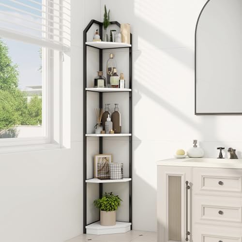 70 Inch Tall Corner Shelf Stand with 5 Tiers White
