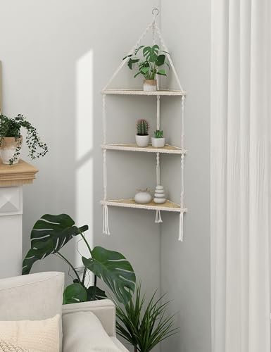 Mazjoaru 3 Tier Corner Shelves Boho Hanging Decor Organizer