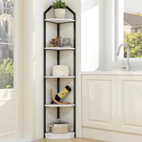 70 Inch Tall Corner Shelf Stand with 5 Tiers White