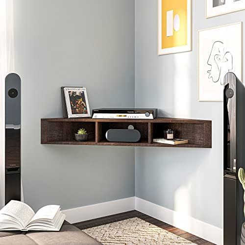 BELLEZE Modern Corner Shelf with 3 Shelves and Cable Cutout