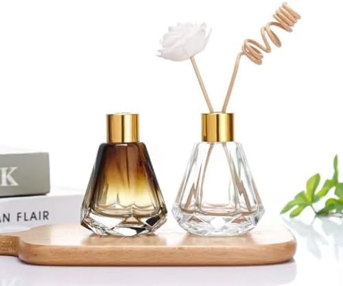 2Pcs Amber Diamond Shape Glass Diffuser Bottles with Gold Lid
