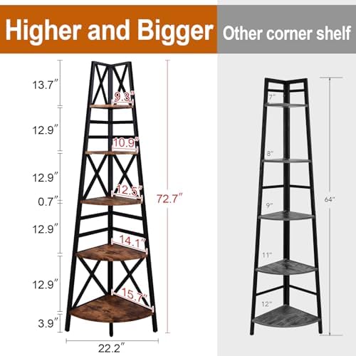 HOMBAZAAR 5 Tier Corner Shelf Industrial Brown