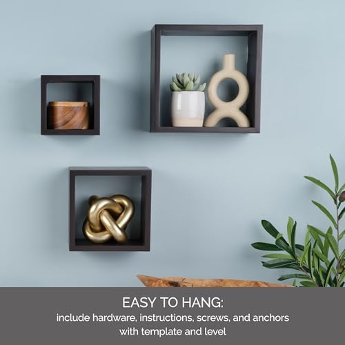 Melannco Set of 3 Floating Square Wood Shelves - Espresso