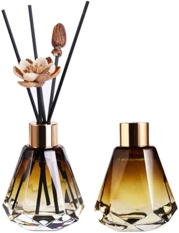 2Pcs Amber Diamond Shape Glass Diffuser Bottles with Gold Lid