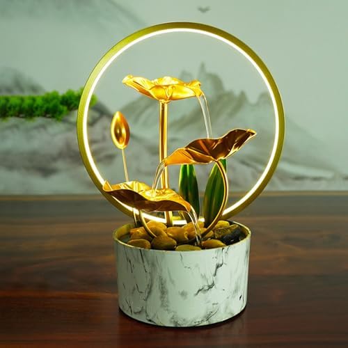 White Metal Lotus Tabletop Fountain with Light Ring