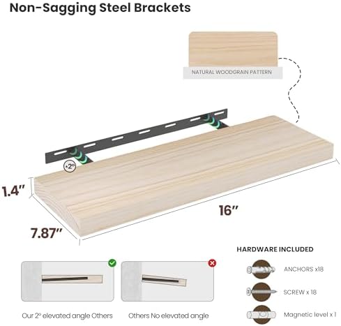 Vivelove Natural Wood Floating Shelves 16x8x14 Bookshelf for Wall Mounting