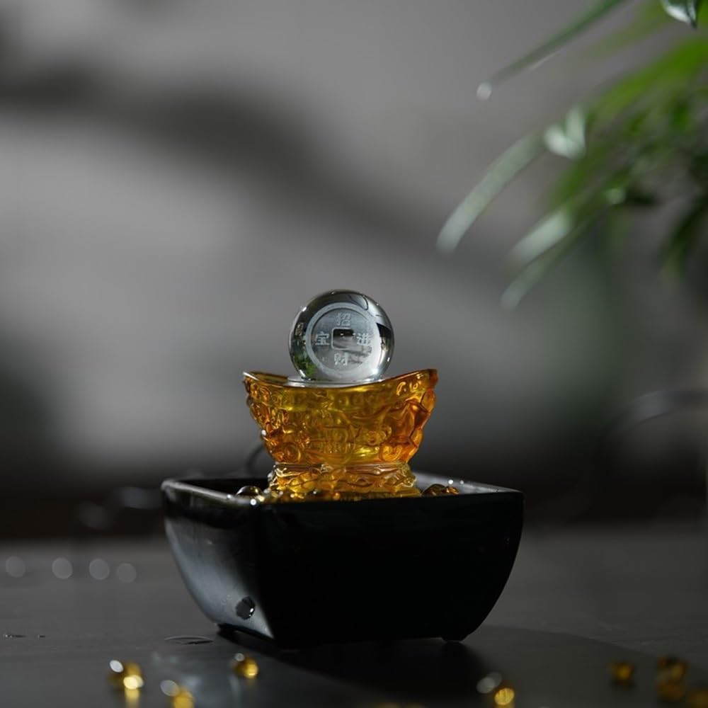 Black Tabletop Fountain with Glass Yuanbao and Circulating Water