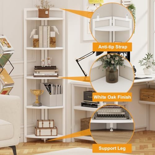 FATORRI Tall Corner Shelf 5 Tier Bookcase Stand