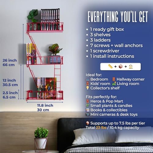 Fire Escape Wall Shelf - Red Metal 3-Tier Floating Ladder Display