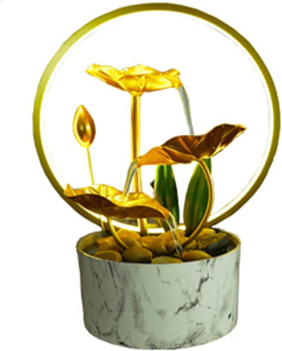 White Metal Lotus Tabletop Fountain with Light Ring