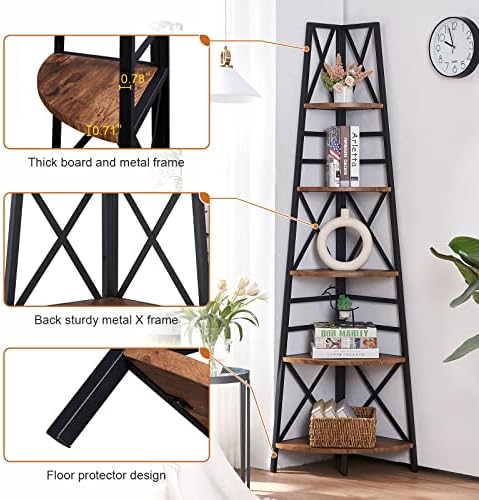 HOMBAZAAR 5 Tier Corner Shelf Industrial Brown