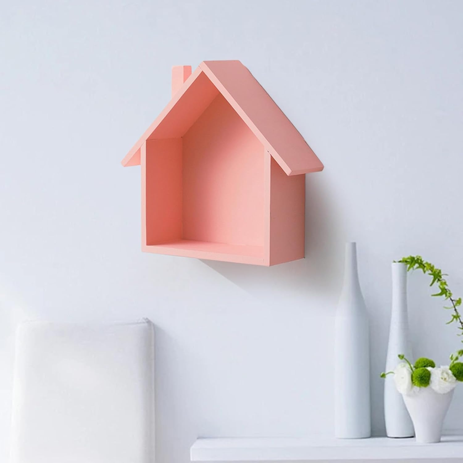 Colorful House Shaped Wooden Floating Shelf Pink