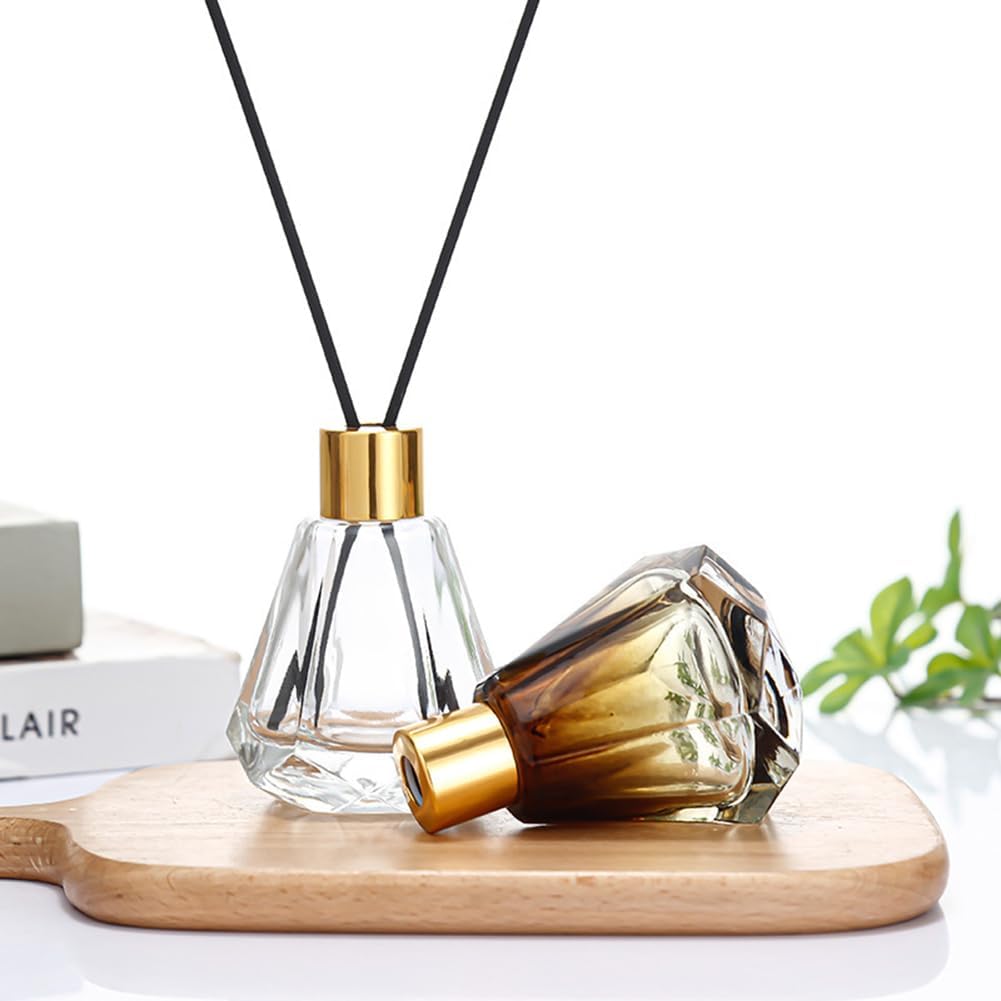 2Pcs Amber Diamond Shape Glass Diffuser Bottles with Gold Lid