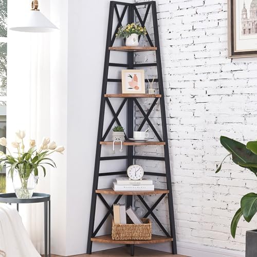 HOMBAZAAR 5 Tier Corner Shelf Industrial Brown
