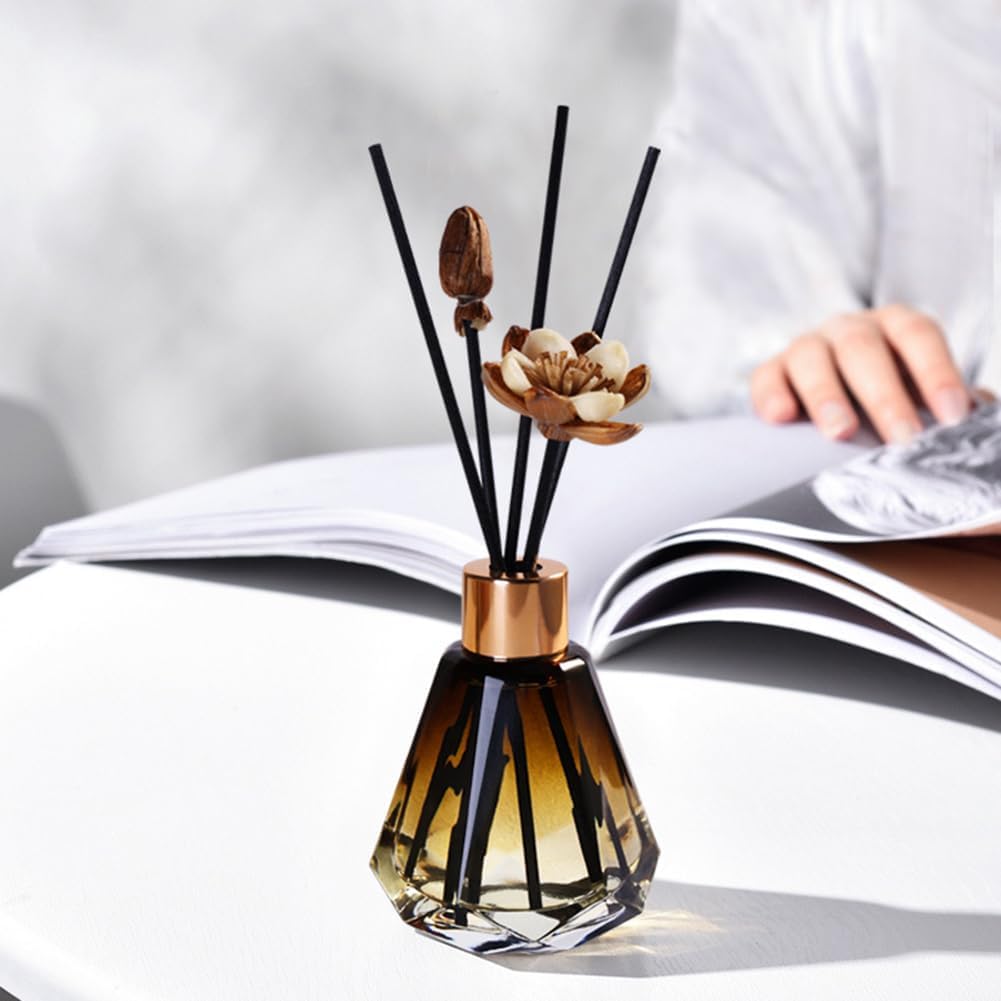2Pcs Amber Diamond Shape Glass Diffuser Bottles with Gold Lid