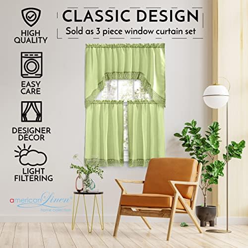 American Linen Caf Curtains Set with Valance and Lace Border