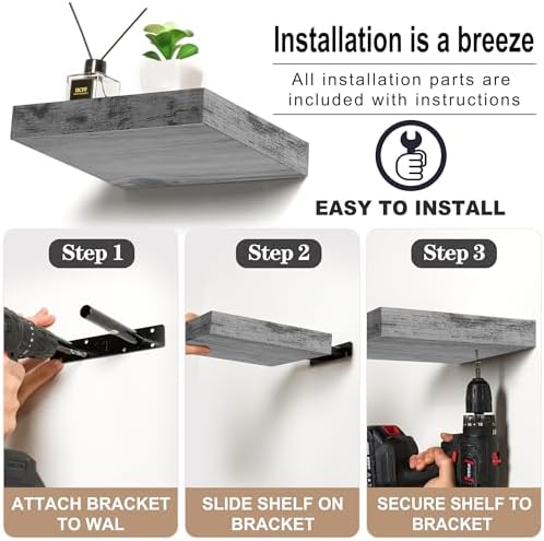 Sorbus Square Floating Shelf Set of 3 Rustic Grey