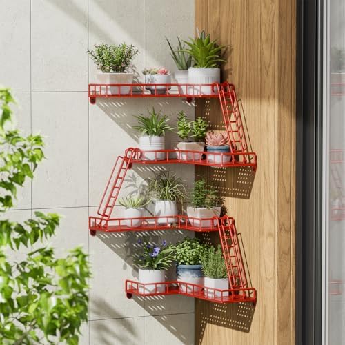 Red 4 Tier Floating Wall Shelf for Home Dcor