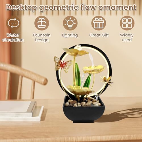 USB Powered Tabletop Water Fountain with LED Light and Natural Rocks