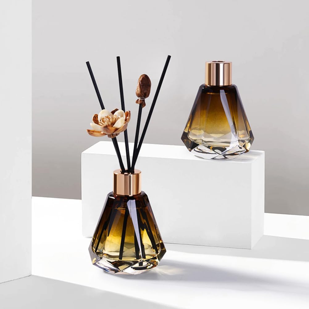 2Pcs Amber Diamond Shape Glass Diffuser Bottles with Gold Lid