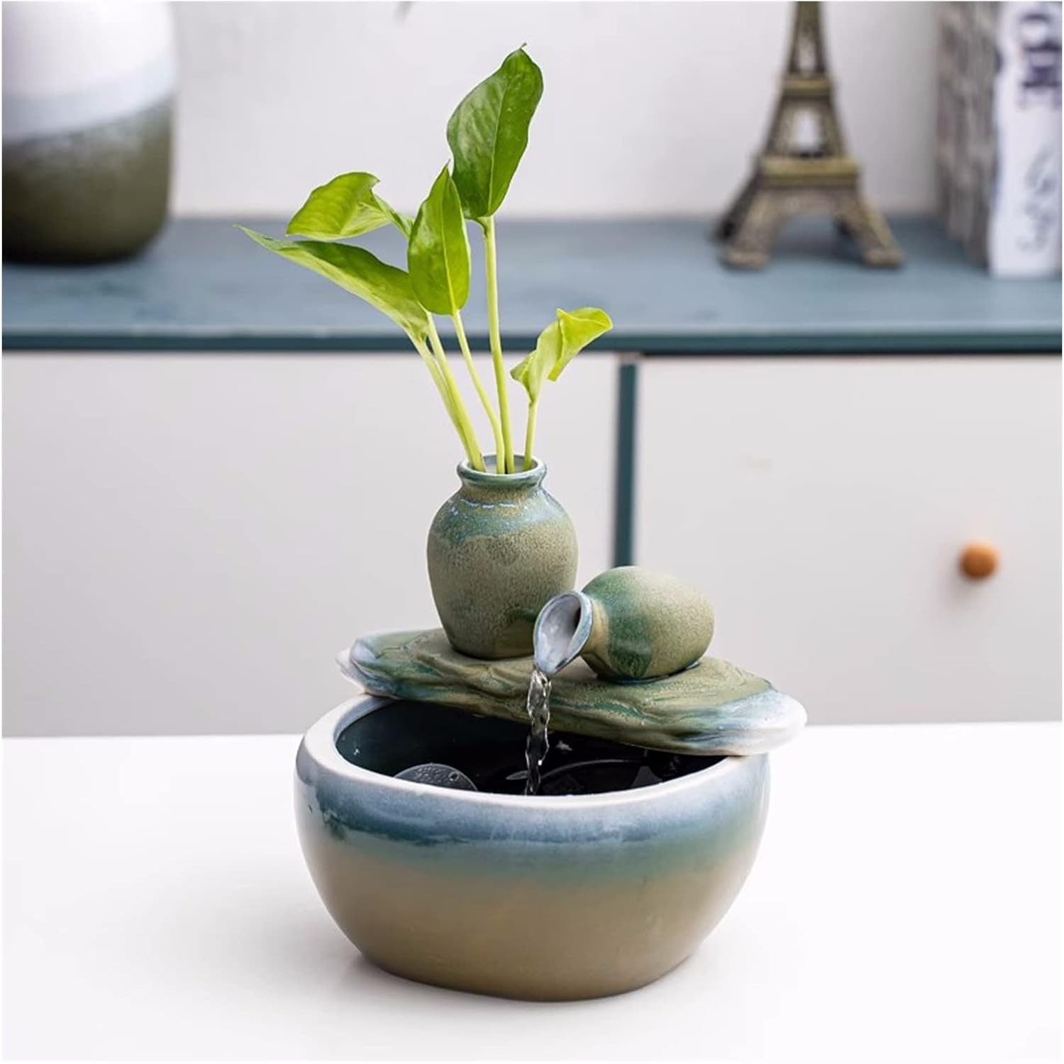 Grey Ceramic Tabletop Fountain for Indoor Home Decoration