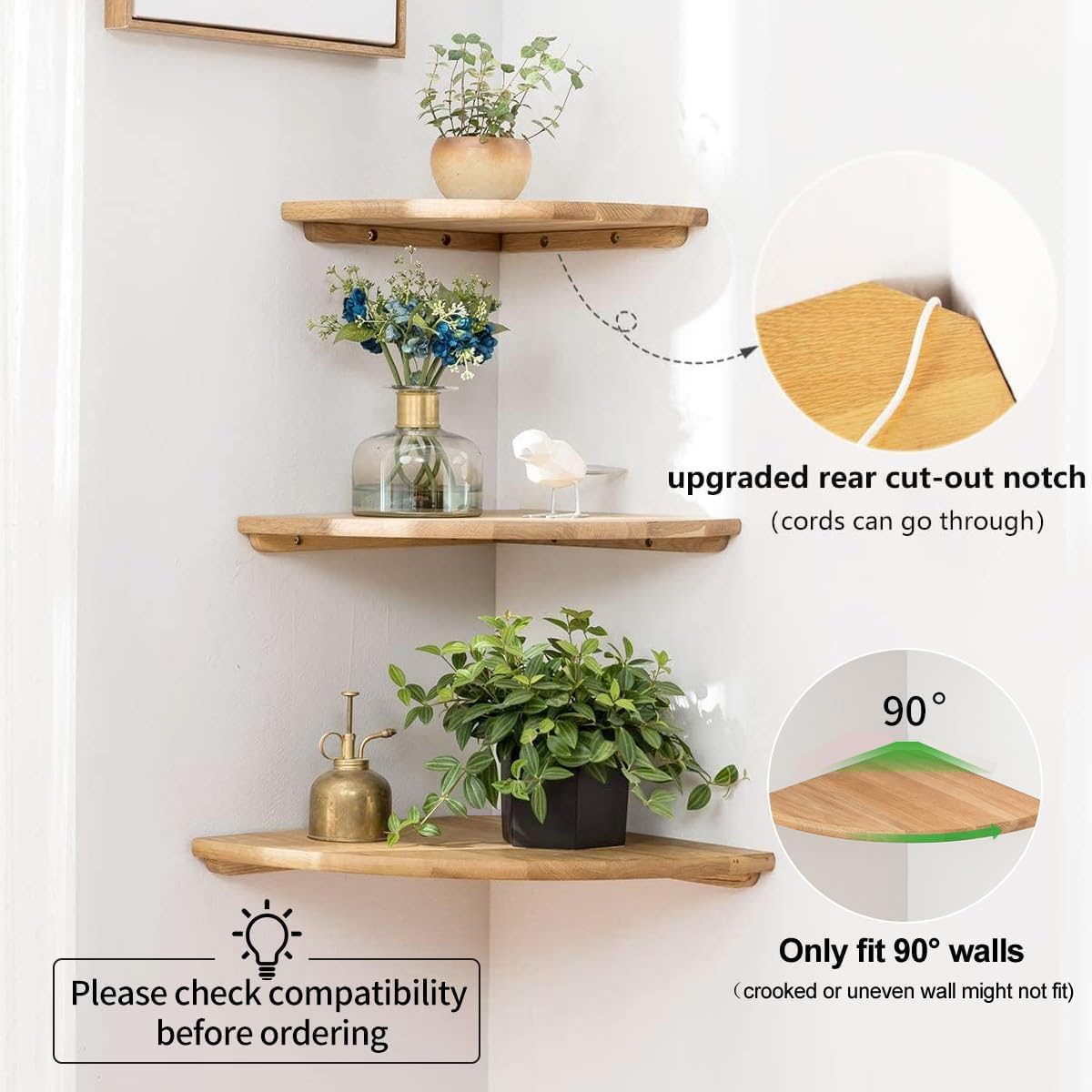 Set of 2 12 Inch Solid Oak Floating Corner Shelves