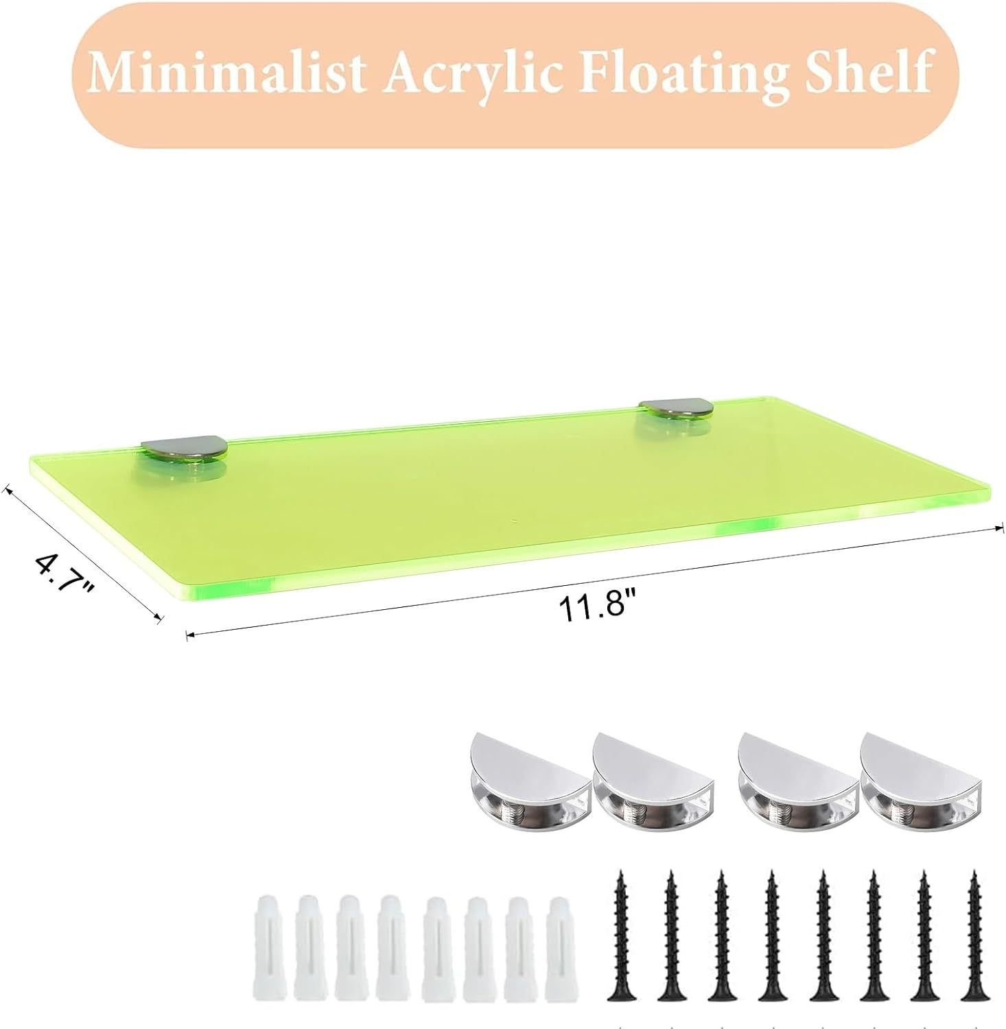 12 Inch Floating Shelves Neon Clear Green 2 Pcs