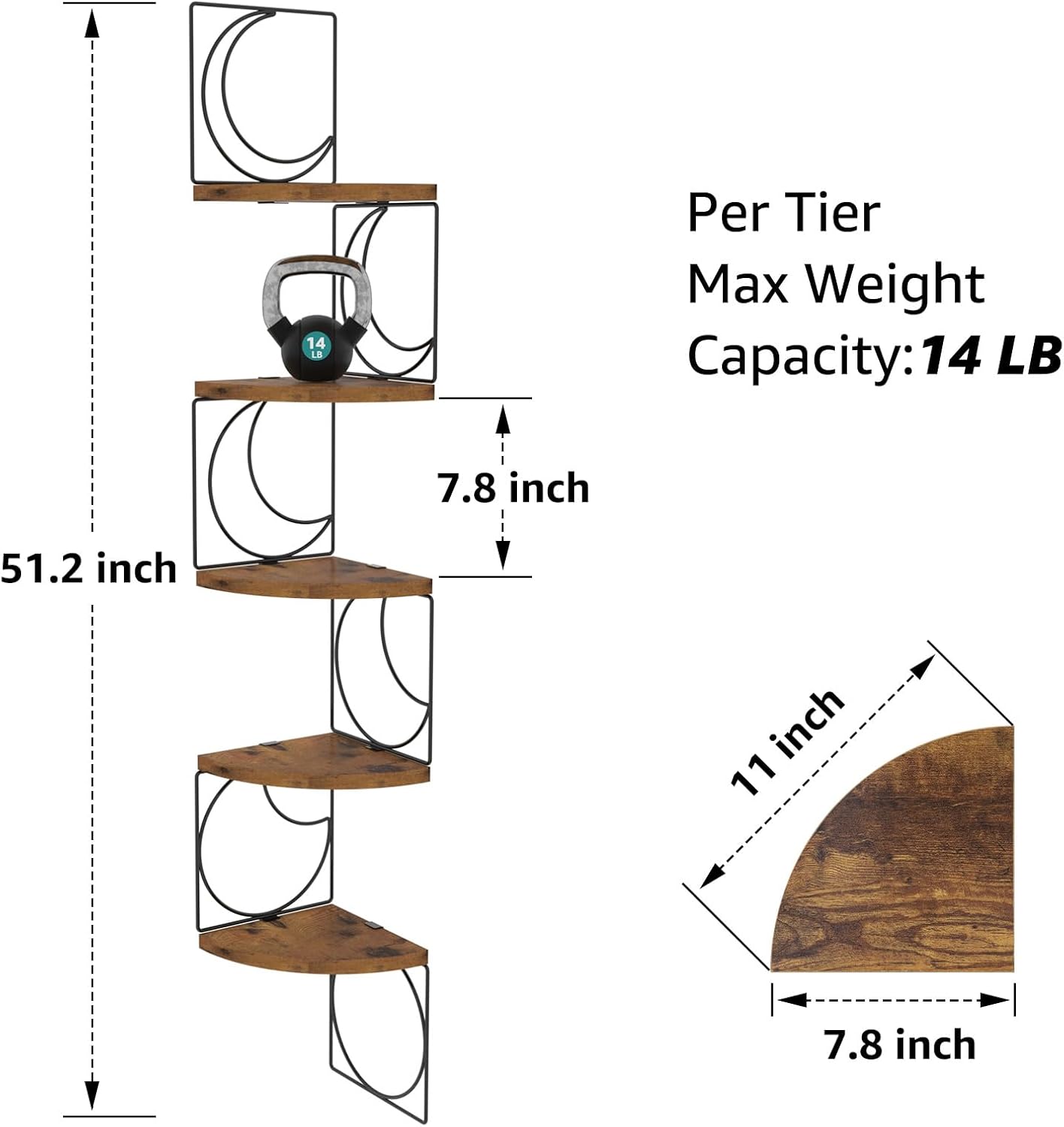 PHAREGE 5 Tier Moon Phase Corner Shelves Brown Black