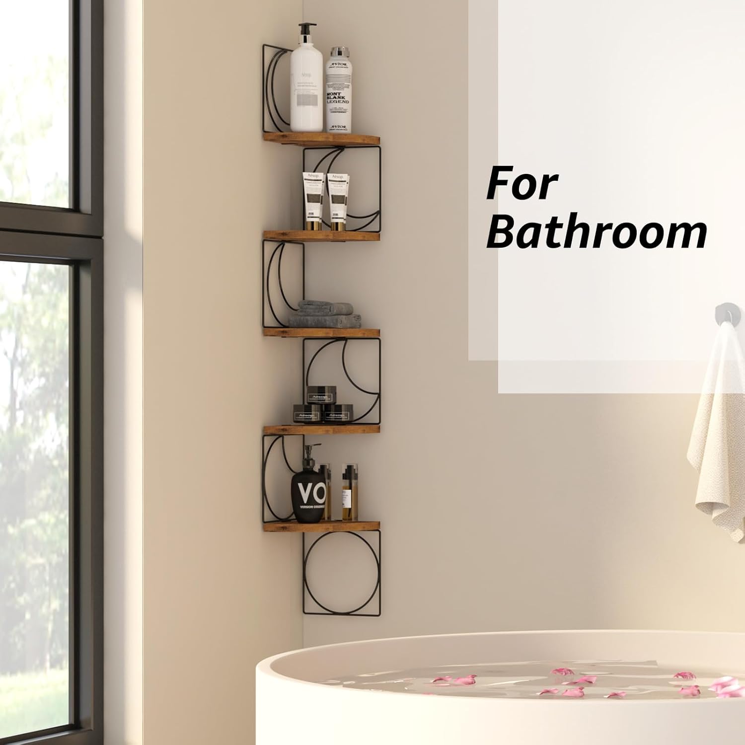 PHAREGE 5 Tier Moon Phase Corner Shelves Brown Black