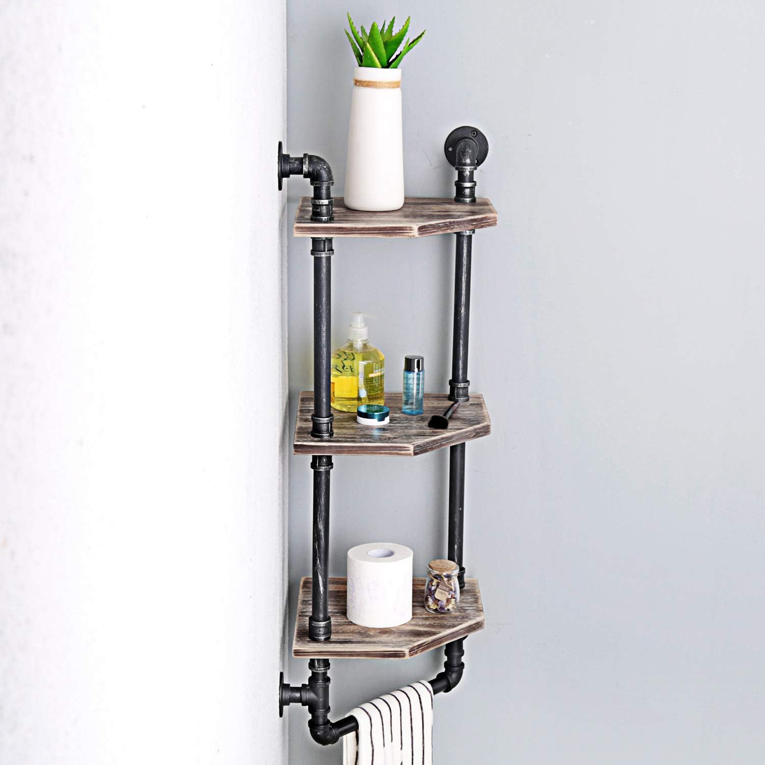MBQQ Industrial Pipe Shelf 3 Tiered Floating Wood Decor