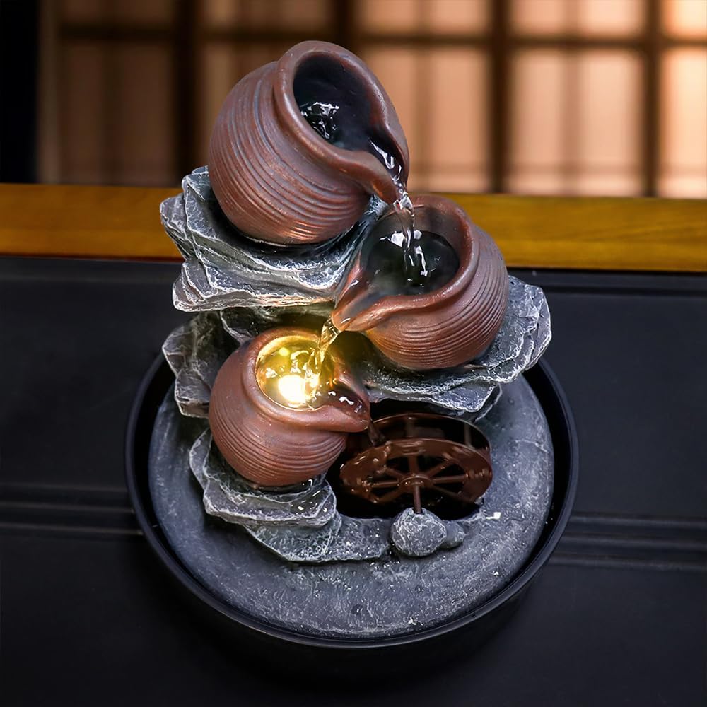 Tabletop Water Fountain with Bowls and Waterwheel