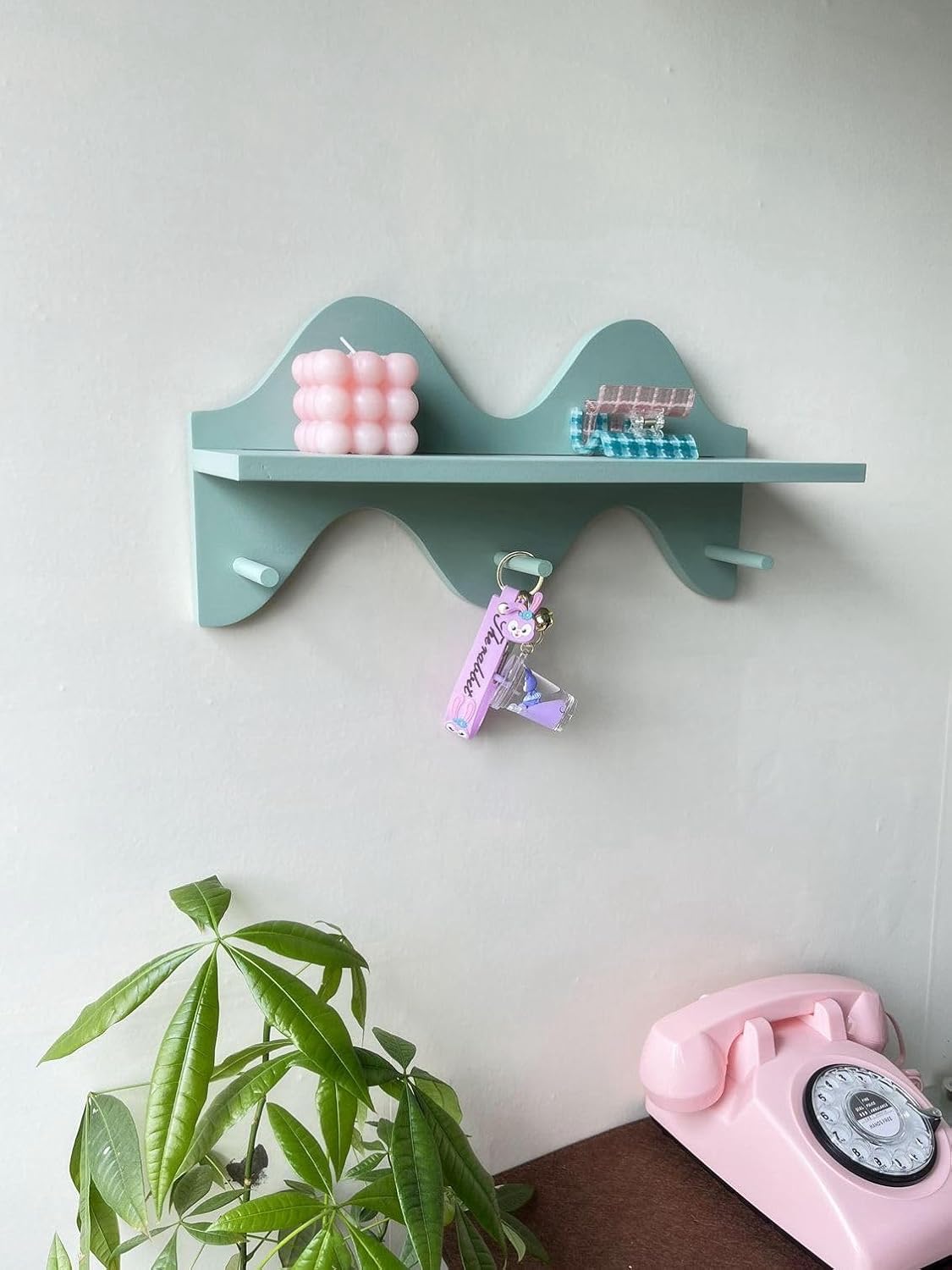 Sage Green Floating Shelf with Key Hook and Hanger