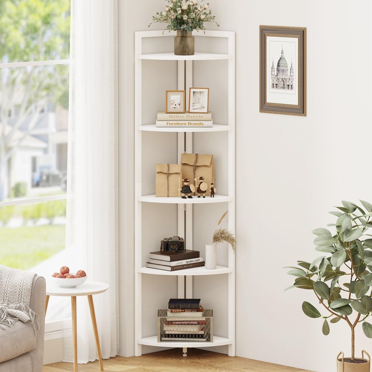 FATORRI Tall Corner Shelf 5 Tier Bookcase Stand