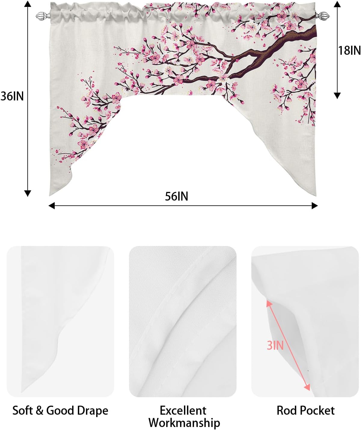 Cherry Blossom Kitchen Curtains Swag Valance 55x36 Pink