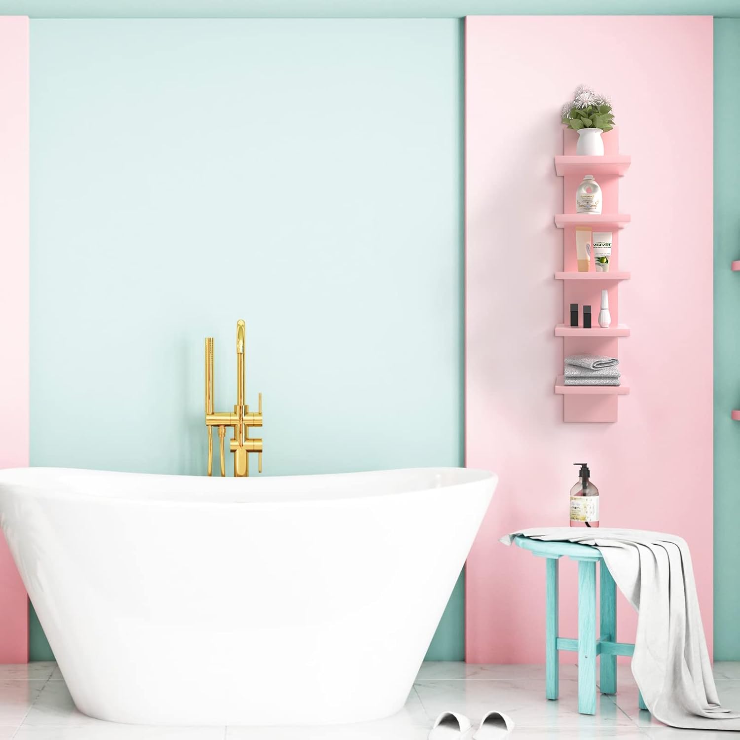 5 Tier Floating Wall Shelves Pink Vertical Storage