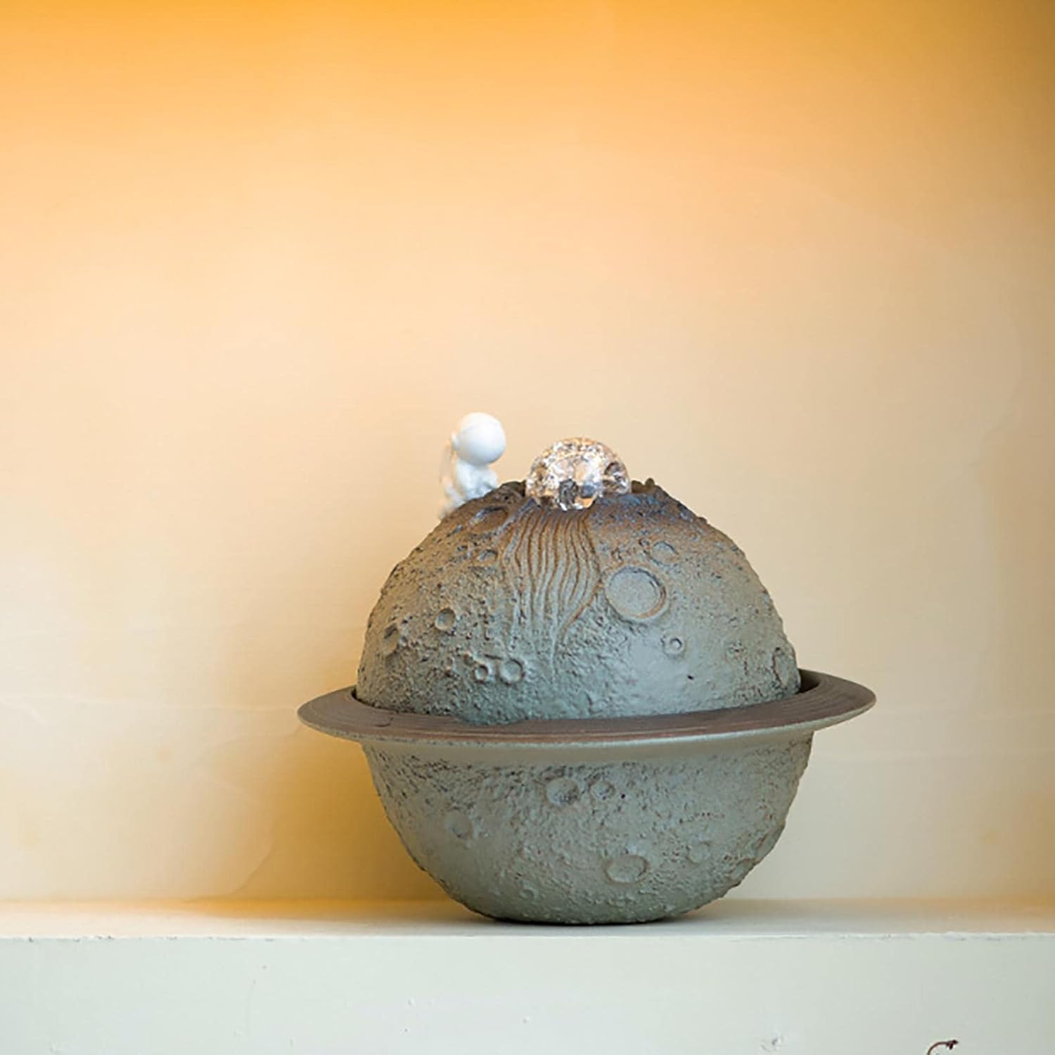 Ceramic Tabletop Fountain with Rolling Ball Astronaut Planet Decor Grey