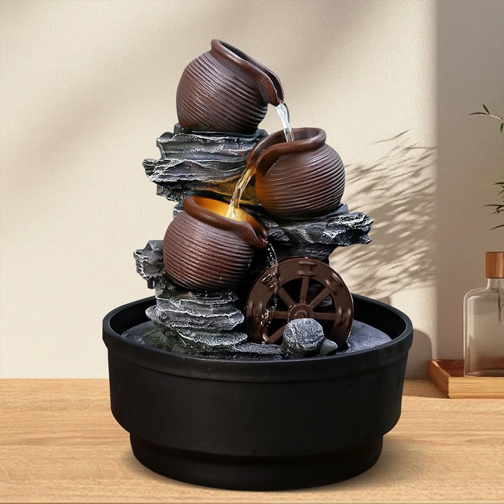 Tabletop Water Fountain with Bowls and Waterwheel