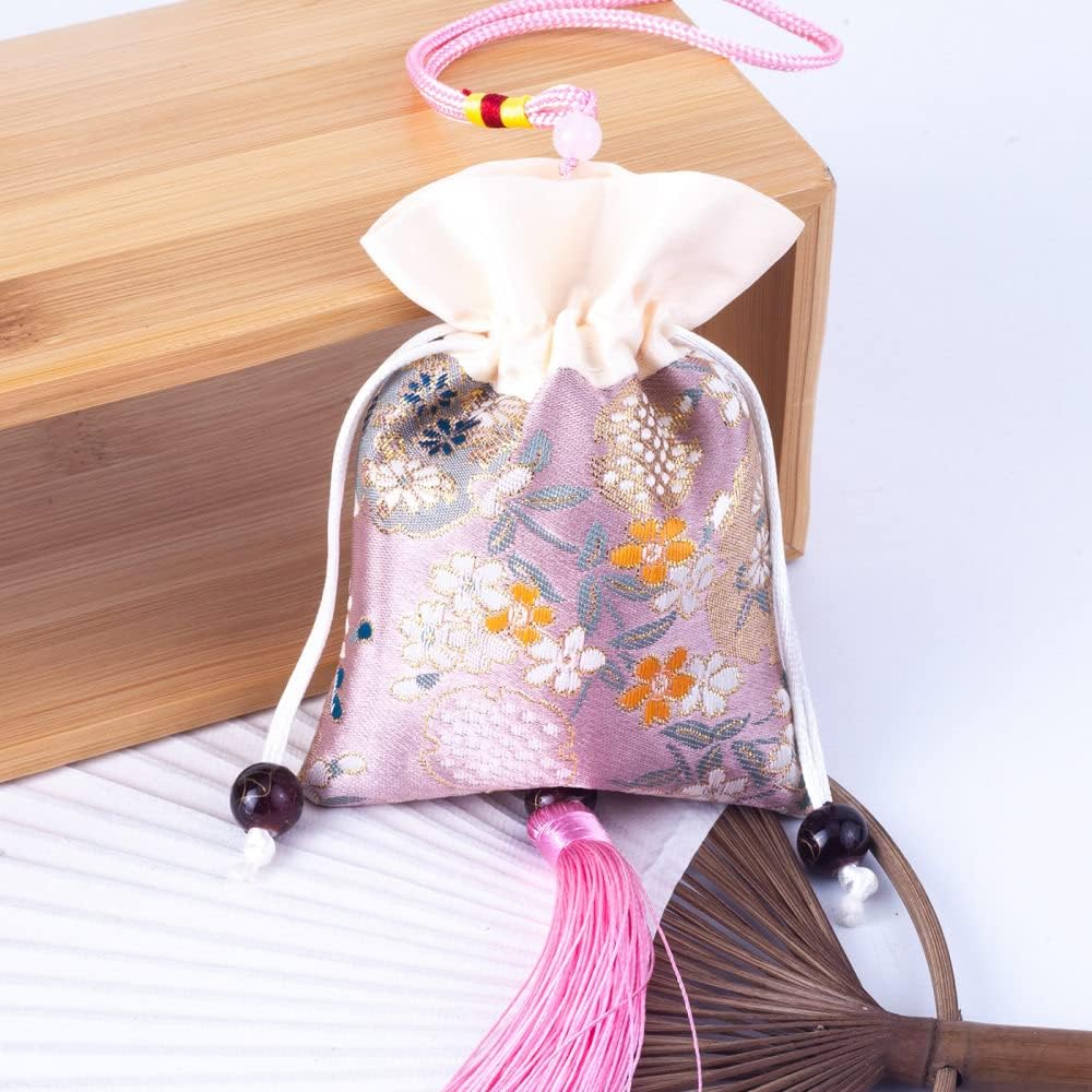6 Pcs Embroidered Drawstring Scent Bags with Tassels Pink