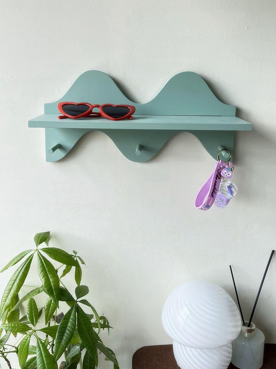 Sage Green Floating Shelf with Key Hook and Hanger