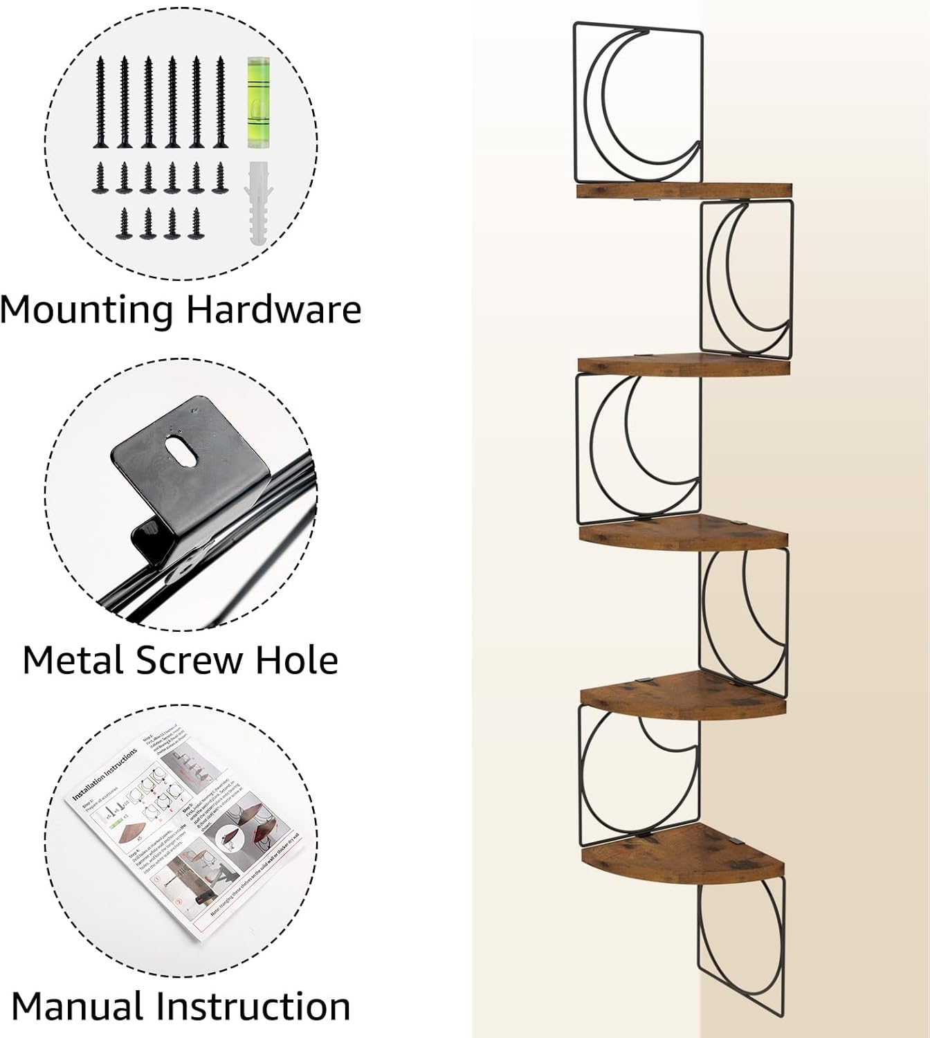 PHAREGE 5 Tier Moon Phase Corner Shelves Brown Black