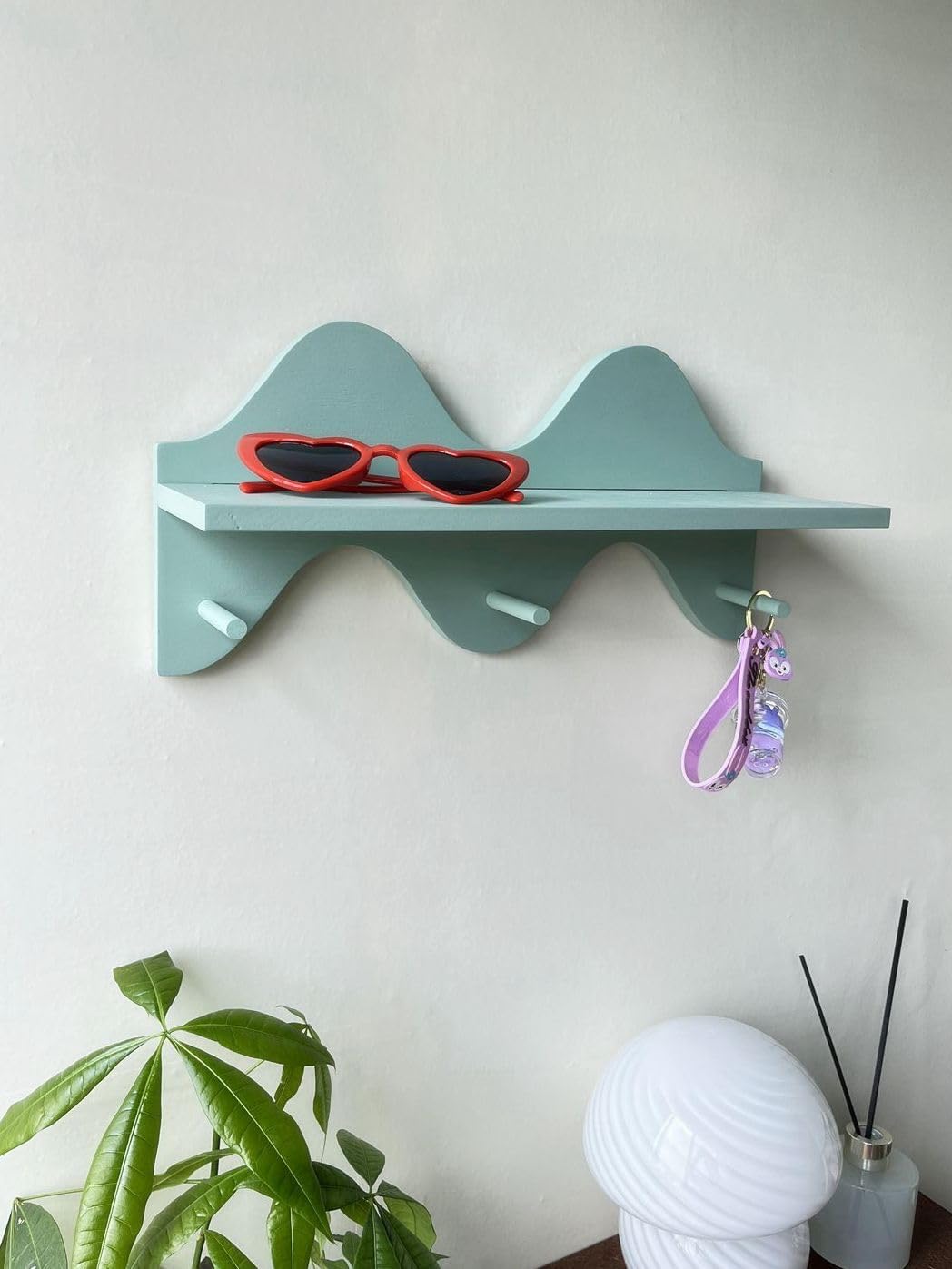 Sage Green Floating Shelf with Key Hook and Hanger