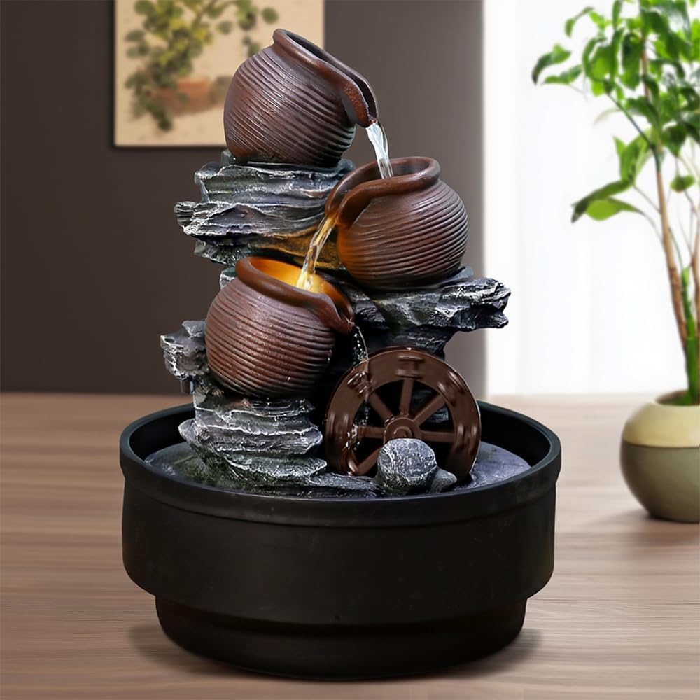 Tabletop Water Fountain with Bowls and Waterwheel