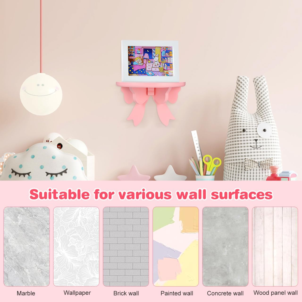DOITOOL Wooden Floating Shelf Wall Mounted Pink
