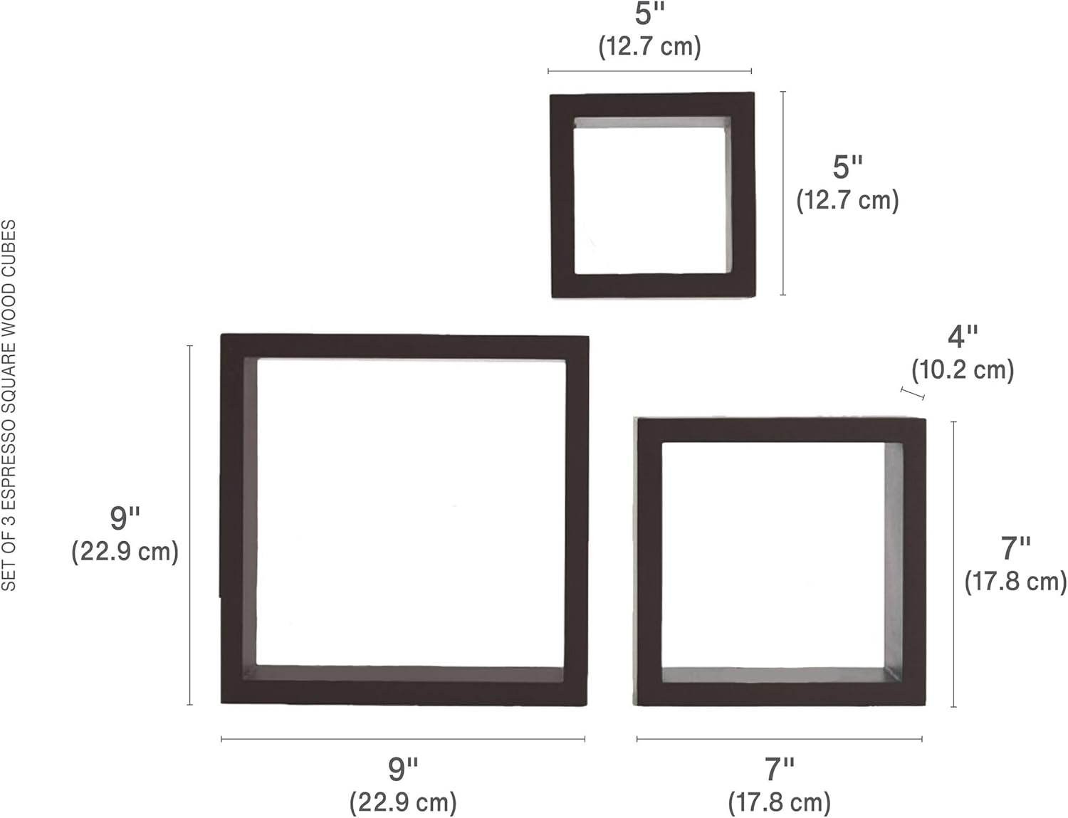 Melannco Set of 3 Floating Square Wood Shelves - Espresso