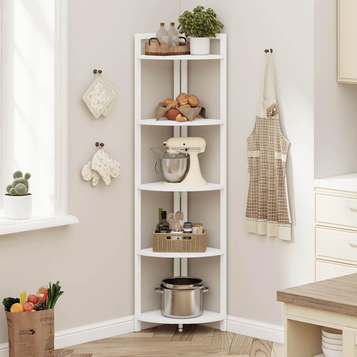 FATORRI Tall Corner Shelf 5 Tier Bookcase Stand