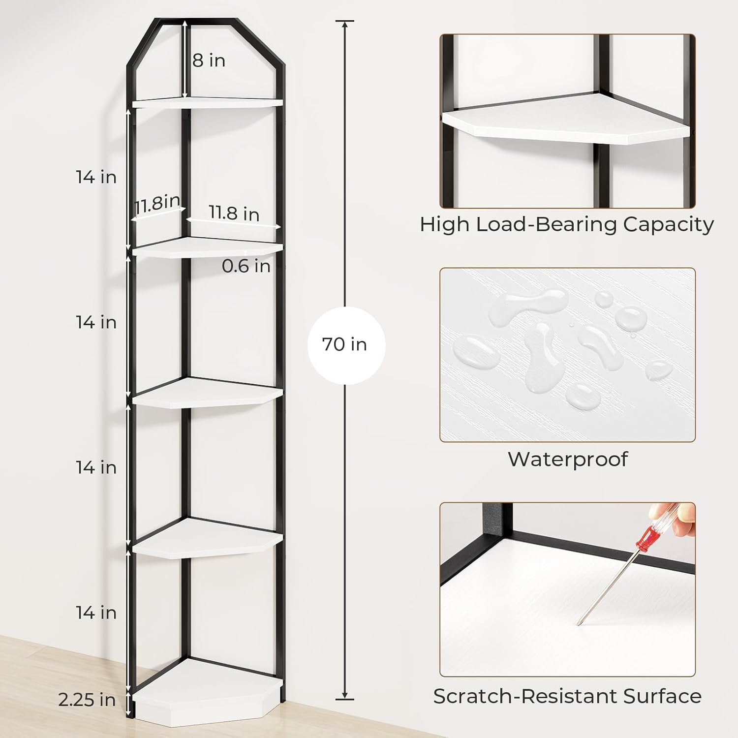 70 Inch Tall Corner Shelf Stand with 5 Tiers White