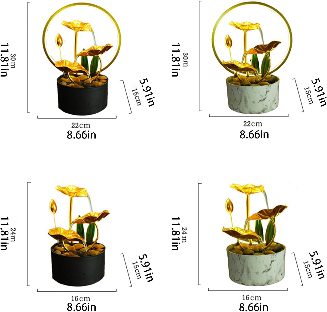 White Metal Lotus Tabletop Fountain with Light Ring
